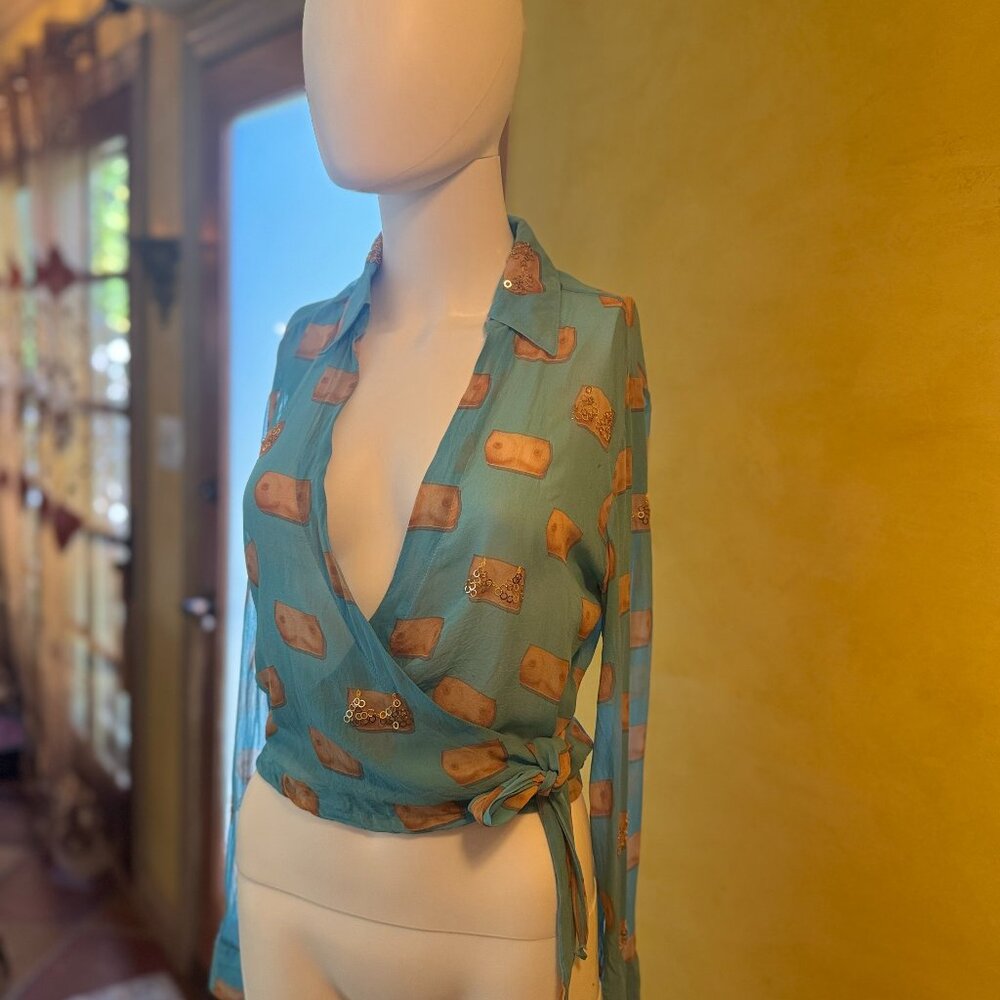 RARE! Vintage Rosa Chá Sheer Wrap Blouse w/ Metallic Breast Print – Y2K Archive